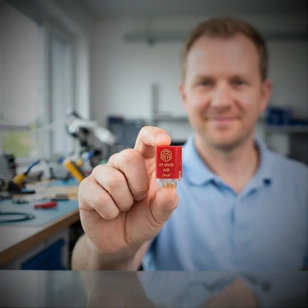 Burson V7 Vivid Air, zwischen Zeigefinger und Daumen als Größenvergleich