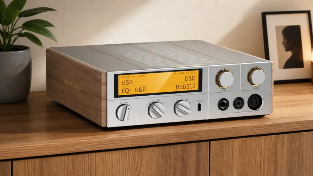 FiiO K17 R2R Pro in silber - Beautyshot auf Schrank.