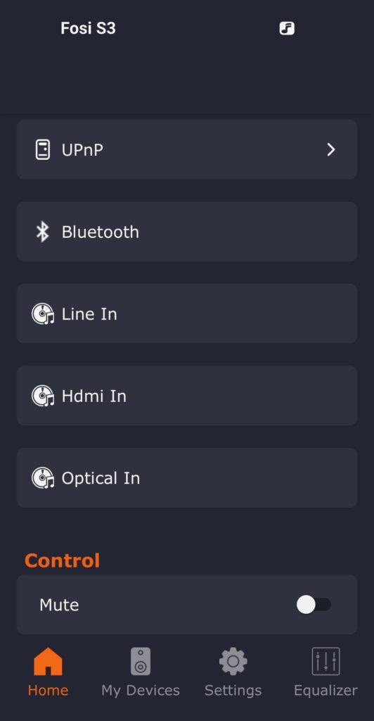 Fosi Audio S3 App - Input Selector - Line In, HDMI in, Optical In