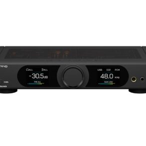 Topping DX9 Discrete schwarz - Frontansicht mit doppel Display, Volume-Knob und Kopfhöreranschlüssen