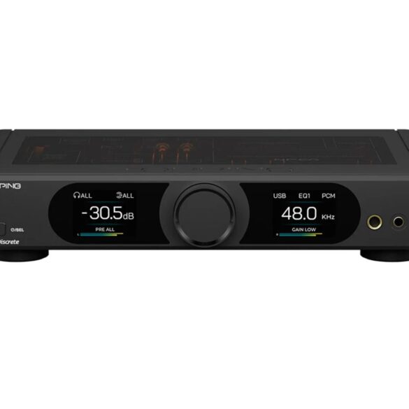 Topping DX9 Discrete schwarz - Frontansicht mit doppel Display, Volume-Knob und Kopfhöreranschlüssen