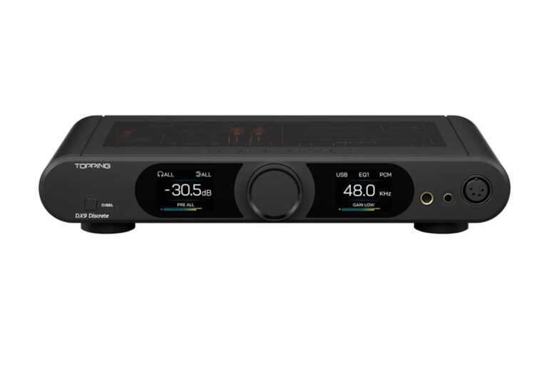 Topping DX9 Discrete schwarz - Frontansicht mit doppel Display, Volume-Knob und Kopfhöreranschlüssen