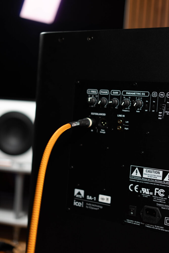 XTZ Cinema Sub 2x12 Edge - Detailansicht auf ICEpower SA‑1 mit Ricable DEDALUS XLR