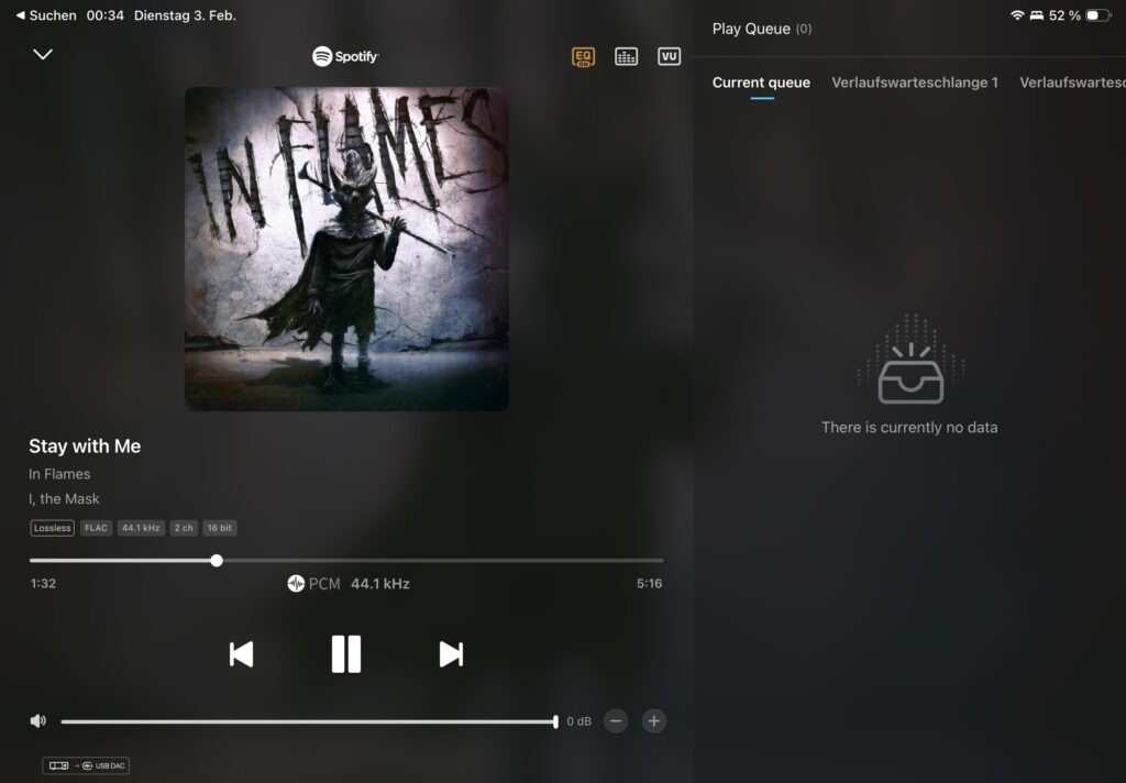Spotify Lossless auf dem Eversolo DMP-A6 - hier In Flames - Stay with ME in 16bit und 44,1kHz