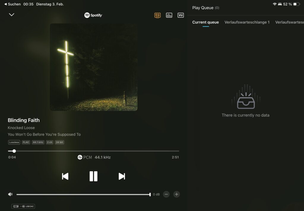 Spotify Lossless auf dem Eversolo DMP-A6 - hier Knocked Loose - Blinding Faith in 24bit und 44,1kHz